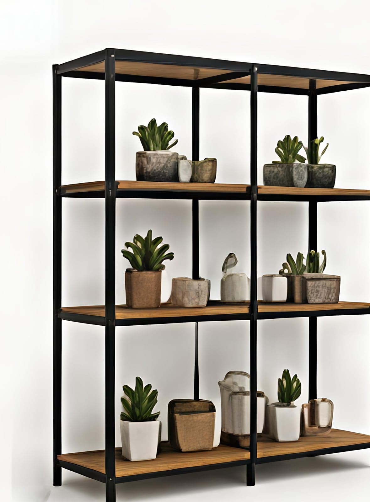 Open steel bookshelf and display rack with wooden shelves