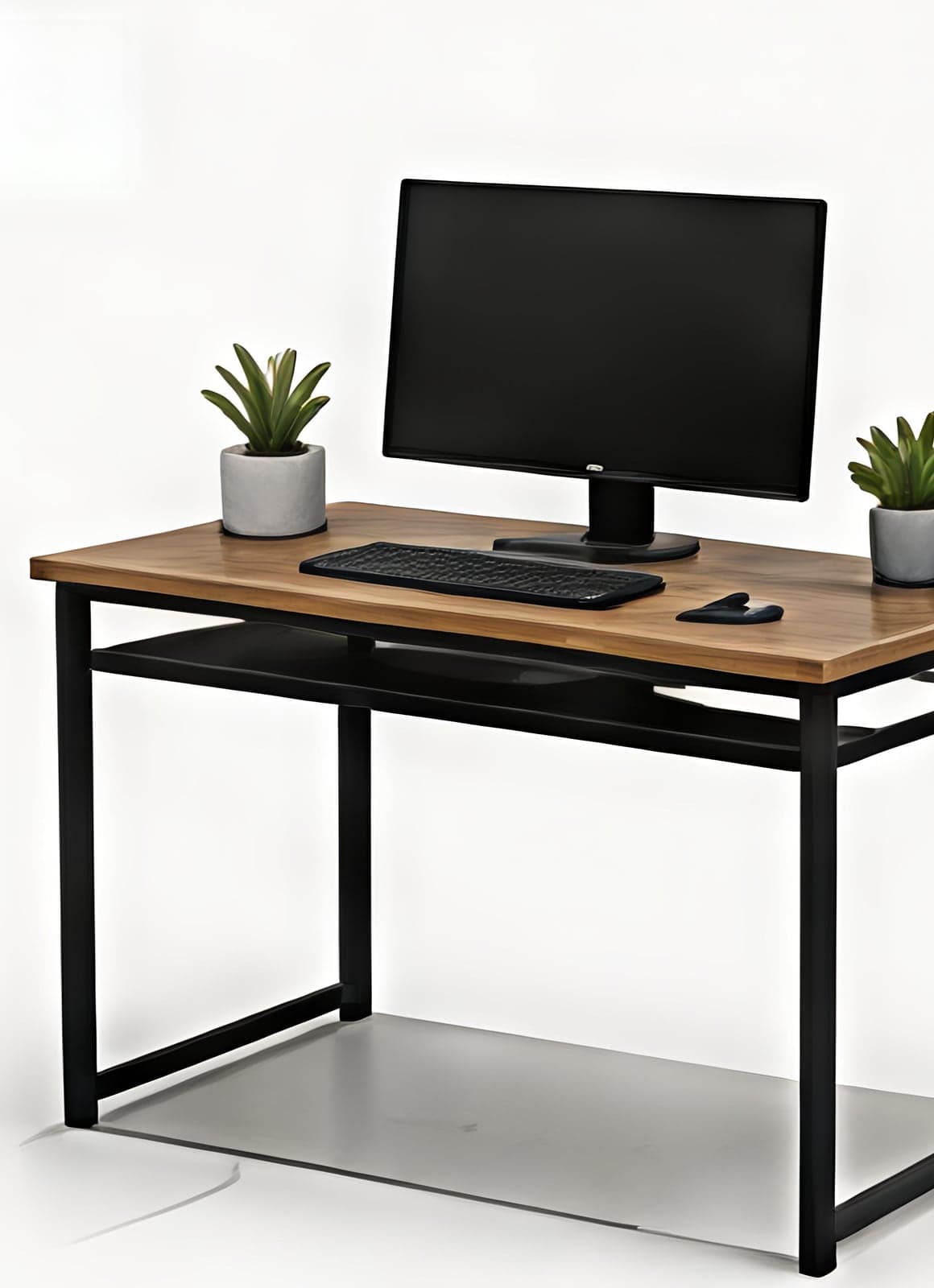 Compact computer desk with steel frame and wooden top